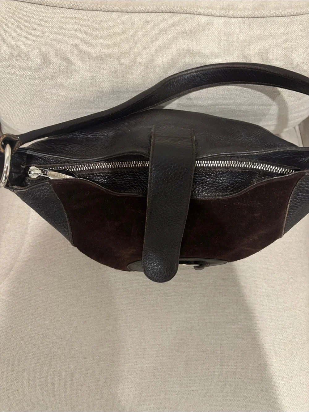 Furla Dark Brown Suede and Leather Hobo Shoulder Bag